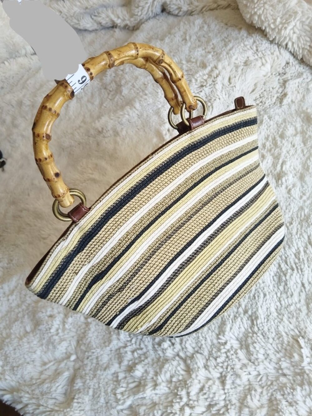 Boho Woven Straw Tote Bag Bamboo Handles Striped Beach Bag Neutral Tan Black